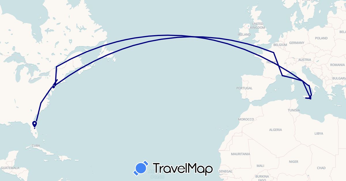 TravelMap itinerary: driving in Canada, France, Italy, United States (Europe, North America)